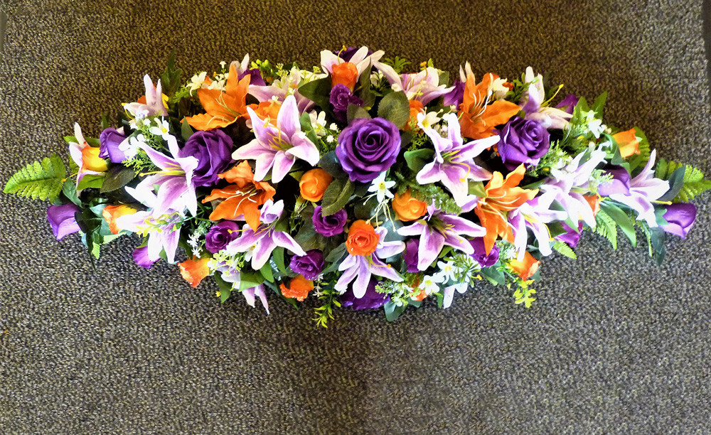 Purple and orange artificial flowers
